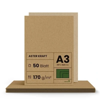 Imagen de Netuno 50x cartón Kraft marrón DIN A3 420x297mm 170g Aster papel reciclado natural cartulina ecológico para invitaciones tarjetas cajas menús bocetos impresión Navidad carteles folletos