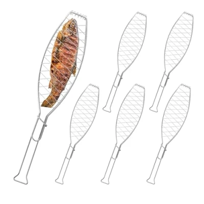 Imagen de Relaxdays Set 6 Parrillas para Pescado, Besugueras Barbacoa, Acero Inoxidable, con Mango, 54 cm Largo, BBQ, Plateado, 1,5 x 12,5