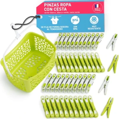 Imagen de culiclean Pinza Eco con Cesta (48 Piezas Cesta/Verde Blanco, Blanco Verde, Verde)