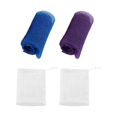Imagen de 2 filetes de esponja baño exfoliantes africanos, espuma, depurador corporal, espalda, elimina la suciedad y el aceite piel, piel más suave (azul, morado)
