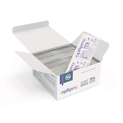 Imagen de OptiPro Toallitas de Isopropilo con Preinyección Alcohol al 70% Fáciles Utilizar Envueltas Individualmente para Limpiar la Piel (Paquete 200)