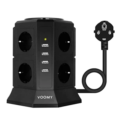 Imagen de VOOMY 12 en 1 Regleta Enchufes Proteccion Sobretension, Vertical con 8 Tomas y 4 USB, Interruptores Individuales, 2500W Torre Cable de 2M, Negro