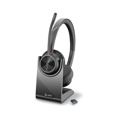 Imagen de Auriculares inalámbricos Poly Voyager 4320 UC y soporte de carga Audífonos estéreo con micrófono brazo cancelación ruido Conexión Bluetooth a PC/Mac/teléfono móvil Teams (certificado)