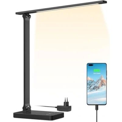 Imagen de Lepro Lámpara Escritorio LED, Flexo LED 15W, de Mesa Puerto Carga USB, 655LM 3 Color y 5 Nivel Brillo Regulable, Luz Cuidado Ojos para Cama, Oficina, Estudiar, Negro
