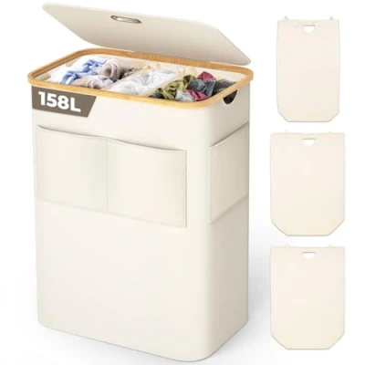 Imagen de OUSFOT cesto para la ropa sucia de 158 l con 3 compartimentos tapa y mango bambú, bolsa tela plegable carga frontal, beige