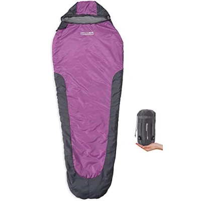 Imagen de Lumaland x Where Tomorrow Saco de Dormir Ligero Impermeable para Verano e Invierno con Bolsa Transporte Incluida Ideal Camping, Acampada y Festivales 220 80 50 cm/Gris/Morado