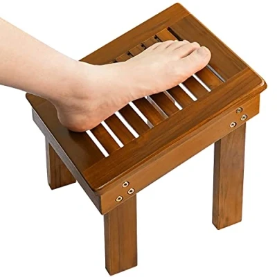 Imagen de Utoplike Taburete de ducha teca para afeitarse las piernas, reposapiés interior, escalón esquina madera resistente baño