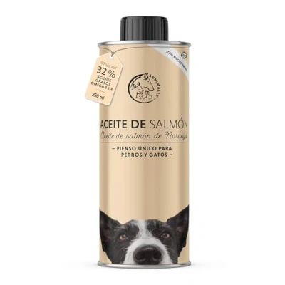 Imagen de Aceite de salmón para Perros 250 ml Rico en ácidos grasos Omega 3 y 6 (más del 32%) Pescado Barf Apto Gatos I Producto Natural Puro prensado frío Alemania