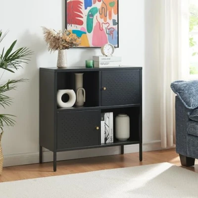 Imagen de [en.casa] Mueble de Salón Janakkala Aparador TV con 2 Puertas Perforadas y Compartimentos Abiertos para Oficina Sala Estar Comedor Acero 80 x 35 cm Negro