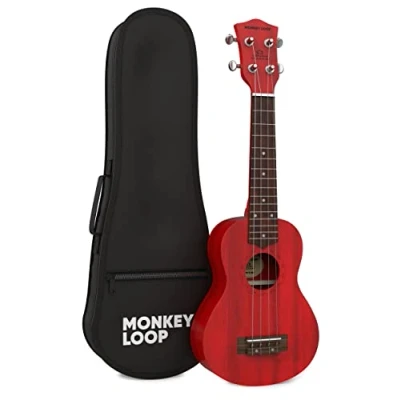 Imagen de Monkey Loop Stone Red Ukelele de Tipo Soprano Funda para Ukeleles Incluida Equipado con Cuerdas Aquila Acabado, Ajustes y Afinación Sorprendente Madera Sapeli Color Rojo