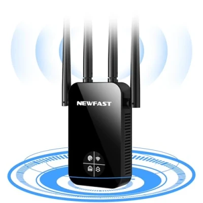 Imagen de NEWFAST Repetidor WiFi 1200Mbps Amplificador Señal Doble Banda Wi Fi 5GHzy2,4GHz, 4 Antenas, Punto de Acceso con Cobertura 360, Repeater