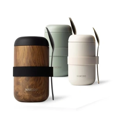 Imagen de MAMEIDO Termo para comida 500ml Taza Aislada de Acero Inoxidable Alimentos sin BPA muesli, bebés, helado y sopa (Oak Wood, 0,5l)