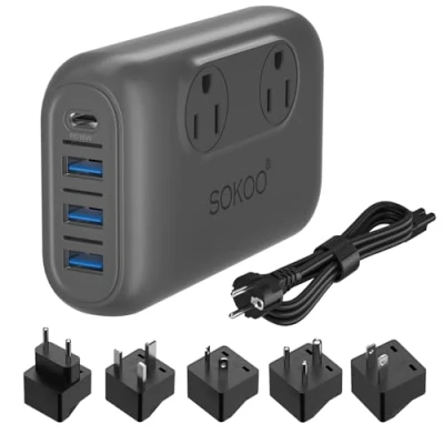 Imagen de Sokoo Voltage Converter Step Down 220V to 110V, International Travel Adapter/Power Use for EU/UK/AU/US/India, More Than 150 Countries. 2 Outlet, 4 Port USB Quick Charger 3.0 Grey