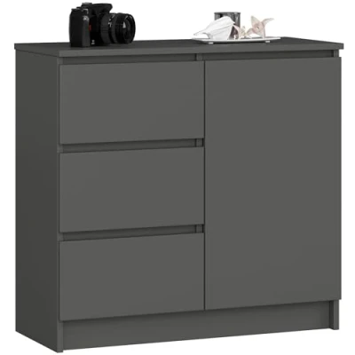 Imagen de AKORD Cómoda Jerry Cajonero con 1 Puerta 3 Cajones 2 Estantes Credenza Alta 80 cm 80x35x77 Gris Grafito