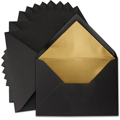 Imagen de 10 sobres DIN C5 de 15,6 x 22 cm, papel kraft en negro con forro seda dorado, pegado húmedo, la serie UmWelt