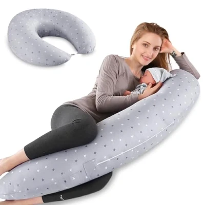 Imagen de Lannvan Cojin Lactancia Bebe y Almohada Embarazada XXL Cojín de Embarazo para Dormir Alimentar con Funda 100% Algodón Extraíble Lavable Gris