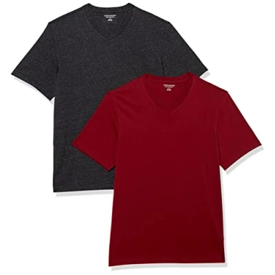 Imagen de Amazon Essentials Camiseta de manga corta, cuello pico, corte recto (disponible en tallas grandes y largos especiales) Hombre, Pack 2, Carbón Mezcla/Burdeos, L