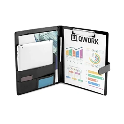 Imagen de QWORK® A4 Carpeta con Pinza, Portapapeles Premium Tapa y Múltiples Compartimentos, Capacidad para Documentos A5 Tarjetas de Visita (Negro)