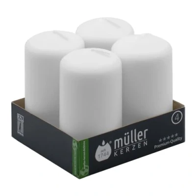 Imagen de Müller Velas Blancas de Columna Cilíndricas, Juego 4 Velas, Dim. 48 x 90 mm, color blanco, larga duración 16 horas, cera antigoteo, sin olor, calidad RAL