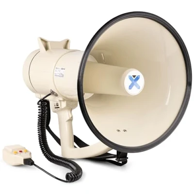 Imagen de VONYX MEG120 megáfono Bluetooth de 120W recargable con sirena, función grabación, profesional micrófono, rango sonido 1600 metros, USB, SD, MP3 y AUX, correa, beige