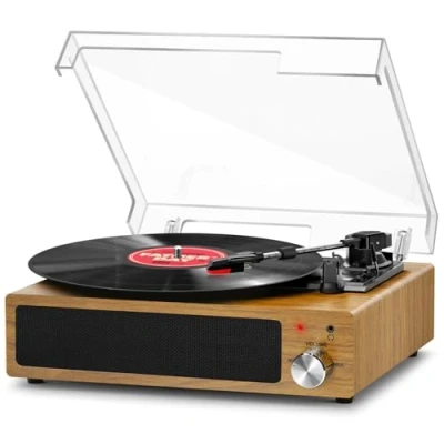 Imagen de FYDEE Tocadiscos de Vinilo Vintage Bluetooth con 3 Velocidades (33/45/78 RPM) y 2 Altavoces Estéreo Integrados, Reproductor Soporte para Auriculares 3.5 mm, AUX, RCA Madera Natural