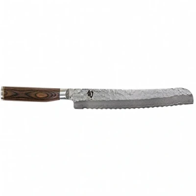 Imagen de KAI Shun Premier Tim Mälzer Cuchillo japonés para pan con hoja de 23 cm Núcleo VG MAX 61 HRC, 32 capas Damasco pulido Mango madera Pakka color marrón medio Superficie martillada
