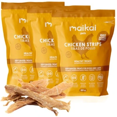 Imagen de MAIKAI Chuches para Perros Premios Cachorros Pechuga de Pollo Deshidratada (3 x 100g) Snacks Saludables Dieta Barf Proteínas y Nutrientes Calidad