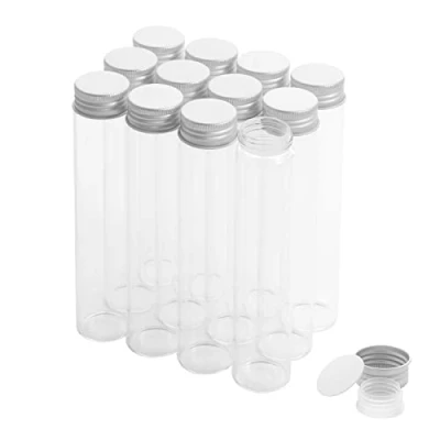 Imagen de 12 PCS Tubos de Ensayo Vidrio 80 ml con Tapones Rosca y Tapas Interiores plástico, Vial Muestra Líquido Transparente Pequeño, a Prueba Fugas, para Caramelos Flores Plantas