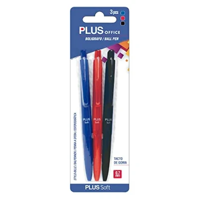 Imagen de PLUS Office Bolígrafos Soft Pack de 3 Retráctiles, Escritura y Tacto ultra suave, Tinta fluida Viscosa, Óptimo para uso oficina, casa escolar, Color Azul, Rojo, Negro