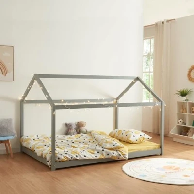 Imagen de [en.casa] Cama para Niños en Forma de Casa Montessori con Somier Infantil Aspecto Hogareño Carga máx. 140 kg Madera Pino x 200 cm Gris
