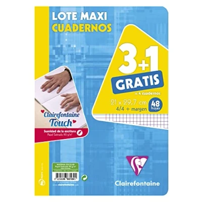 Imagen de CLAIREFONTAINE 663164C Pack 3 Libretas + 1 de Regalo, cuadricula margen (4x4 M), tapa cartón premium, 48 hojas Surtido colores