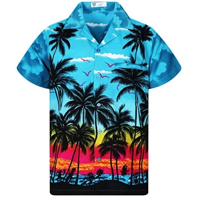 Imagen de V.H.O. Camisa hawaiana para hombre de manga corta, bolsillo frontal, estampado hawaiano, playa y palmeras Color turquesa. XL