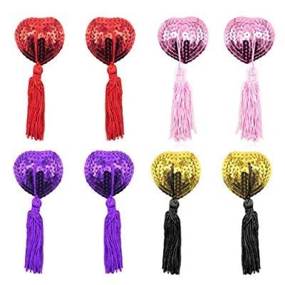 Imagen de EQLEF Pezones Pegatinas, Funda Pezón Autoadhesiva con Borlas Lentejuelas Sensuales Femeninas Reutilizables Lencería Forma Corazón Sujetador Femenino Cremosas (Rojo rosa morado amarillo)