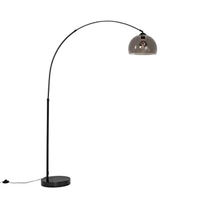Imagen de Qazqa Moderno Lámpara de arco moderna negra con cristal ahumado Arc Acero/Mármol/Alargada Adecuado para LED Max. 1 x 40 Watt