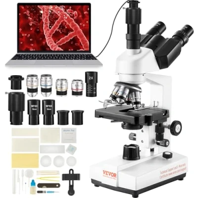 Imagen de VEVOR Microscopio Compuesto Trinocular Biológico 40X 5000X Enfoque Fino y Grueso de Precisión con Interfaz Etapa 2 Capas para Computadora o Monitor Externo Investigación Educativa
