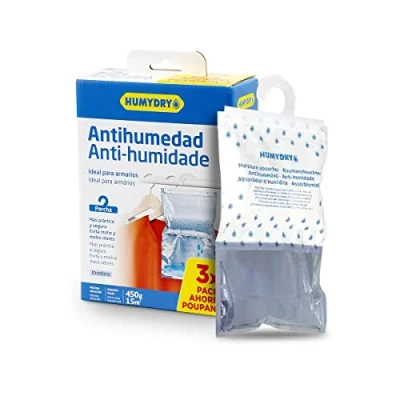 Imagen de Pack de 3 Bolsas antihumedad Percha Absorbe Humedad Armarios Espacios hasta 15 m2 Fragancia Neutro Contenido: unidades 450 gr Humydry