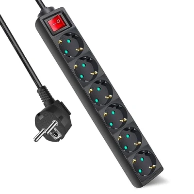 Imagen de EXTRASTAR Regleta con 6 Enchufes e Interruptor, Cable 1.5M, para el hogar, Oficina y Viajes, MAX 3680W, 16A, 250V, Negro, 1pc