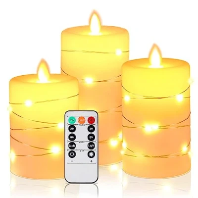 Imagen de HIYAA velas LED con cadena de luz integrada, 3 unidades mando a distancia, función temporizador 24 horas, llama danzante, cera real