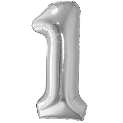 Imagen de Globo 1er Cumpleaños Número 1 Silver Plata Gigante, XXL de 100cm. Decoración Cumpleaños. Aire o Helio.