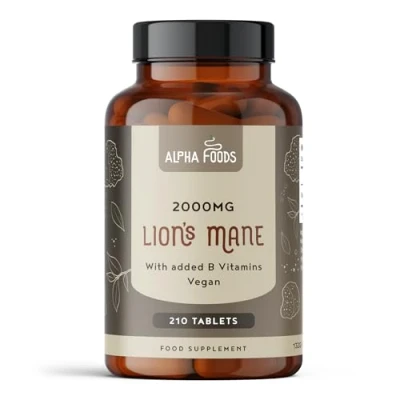 Imagen de Melena de Leon 2000 mg Hongo Hericium Suplemento Lions Mane Mushroom Seta León con Vitaminas B Nootrópico Salud Cerebral 210 Tabletas Veganas Alpha Foods