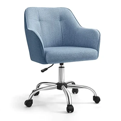 Imagen de SONGMICS Silla de Estudio, Giratoria, Altura Ajustable, Carga 110 kg, Marco Acero, Tela Algodón Lino Transpirable, para Dormitorio, Azul OBG019Q01