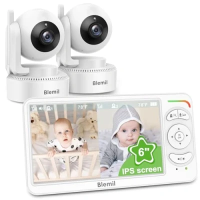 Imagen de Blemil Monitor de bebé, bebé vídeo con 2 cámaras y Audio, 6 Pulgadas Pantallas Grandes divididas IPS, Cámara visión Nocturna Clara