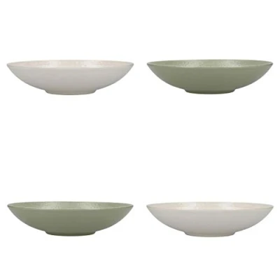 Imagen de KitchenCraft Juego de 4 Cuencos para Pasta Gres Esmaltado Sin Plomo Verde / Color Crema en Caja Regalo 22cm