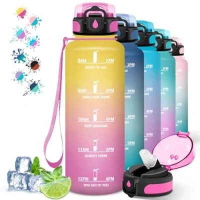 Imagen de Botella 1 5 litros, Agua Gimnasio con Pajita, Reutilizable, Marca de Tiempo, Gym, A Prueba Fugas, para Cámping, Yoga, Correr, Senderismo, Amarillo rosa