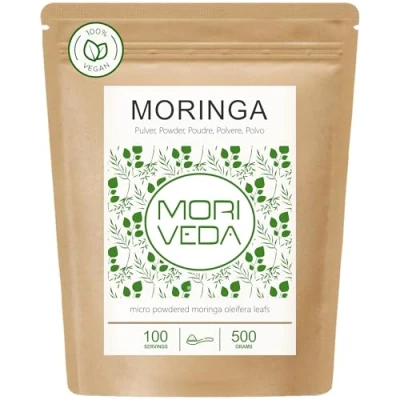 Imagen de MoriVeda® Moringa Oleifera hoja en polvo 500g, PREMIUM PLUS I Contiene moringa, altas dosis de vitamina C, proteínas y aminoácidos calidad ayurvédica superior Vegano sin gluten 1 x 500g