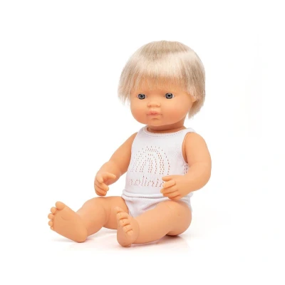 Imagen de Miniland Muñeco bebé Europeo Niño de vinilo suave 38cm con rasgos étnicos y sexuado para el aprendizaje la diversidad agradable perfume. Presentado en caja regalo.