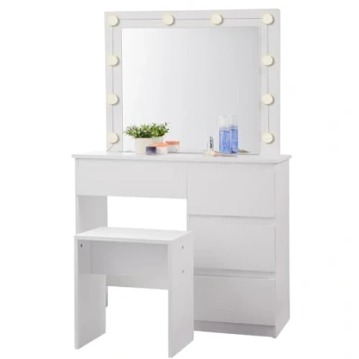 Imagen de EUGAD Tocador de Maquillaje con Espejo 4 Cajones Mesa Taburete Moderno Cosmético 10 Bombillas LED 90x40x140cm Blanco 0029SZT