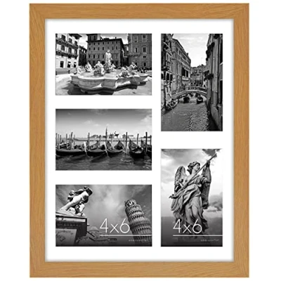 Imagen de Americanflat Collage Marcos de Fotos 28x36cm Apertura Frontal 5 Piezas 10x15cm MDF Roble con Vidrio Resistente, Juego Pared Hogar, Oficina, Galería