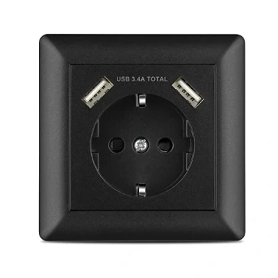 Imagen de Enchufe pared USB 3.4A Negro, Kaifire Schuko Toma de corriente con 2 puertos System 55 Instalación empotrado Cargador para Smartphone Tablet MP3