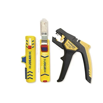 Imagen de Jokari Set básico de instalación doméstica, 3 piezas, con pelacables 4 Pro, Secura Super No. 15 y cúter para cable 8 28 mm diámetro, multicolor